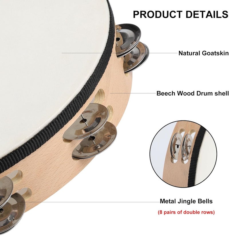 BGMUSER Goatskin Tambourine 10" and 8" kit With Metal Jingles Hand Held Drum Tambourines for Adults Church Dance Games KTV Party - Image 3